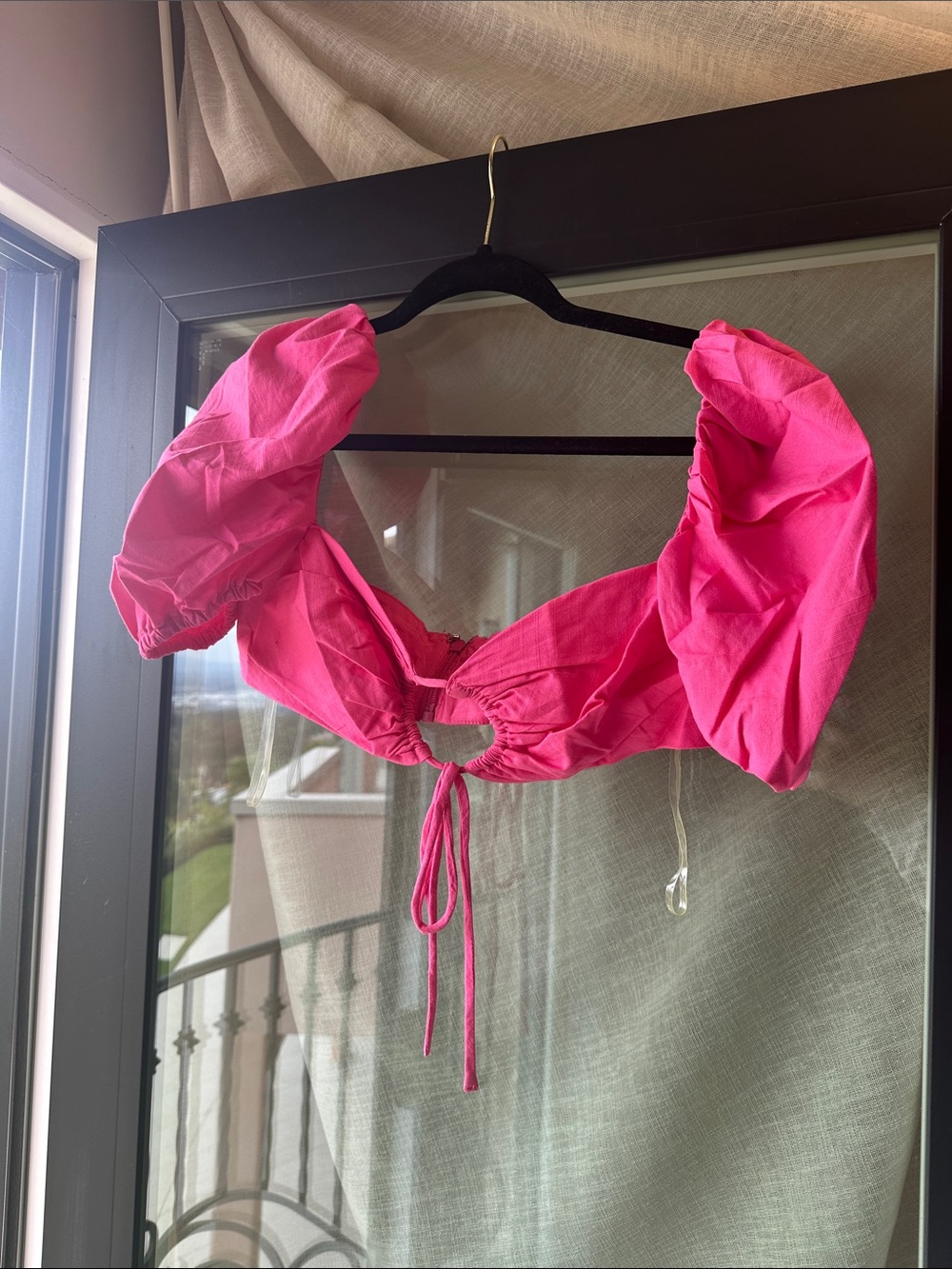 House of CB Hot Pink Puff-Sleeve Tie-Front Crop Top